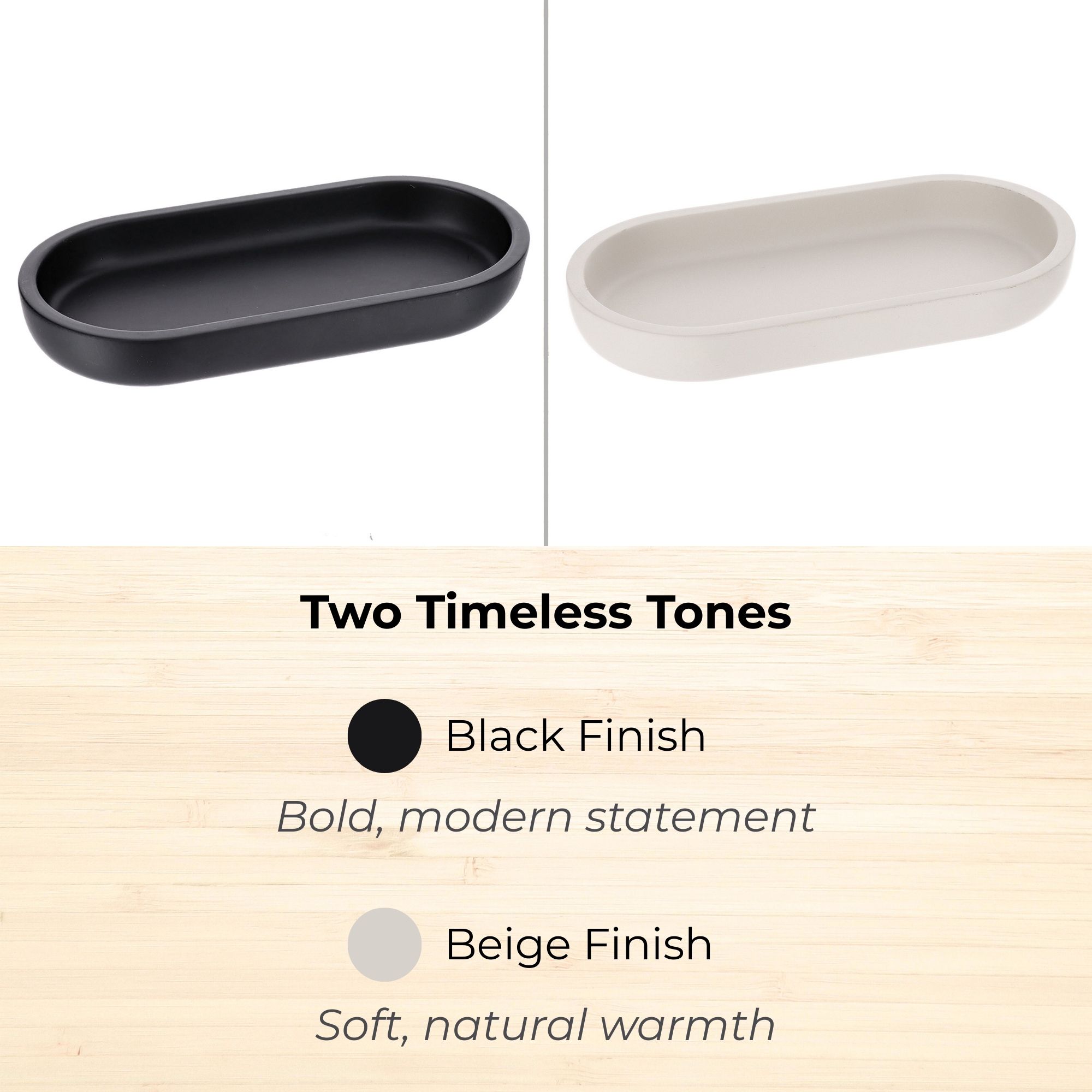 Beige and black oval trays side by side