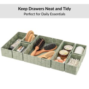 Sage green drawer organizer set holding brushes cosmetics and essentials