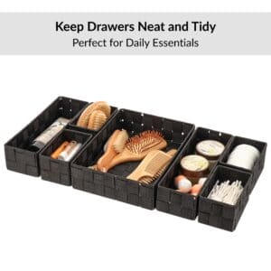 Black drawer organizer set holding brushes cosmetics and daily essentials