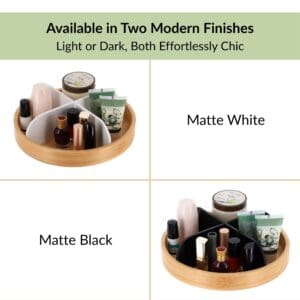 Bamboo organizer shown in matte white and matte black divider color options
