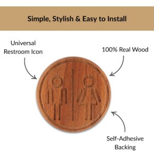 Close up of acacia round wooden restroom icon with self adhesive backing