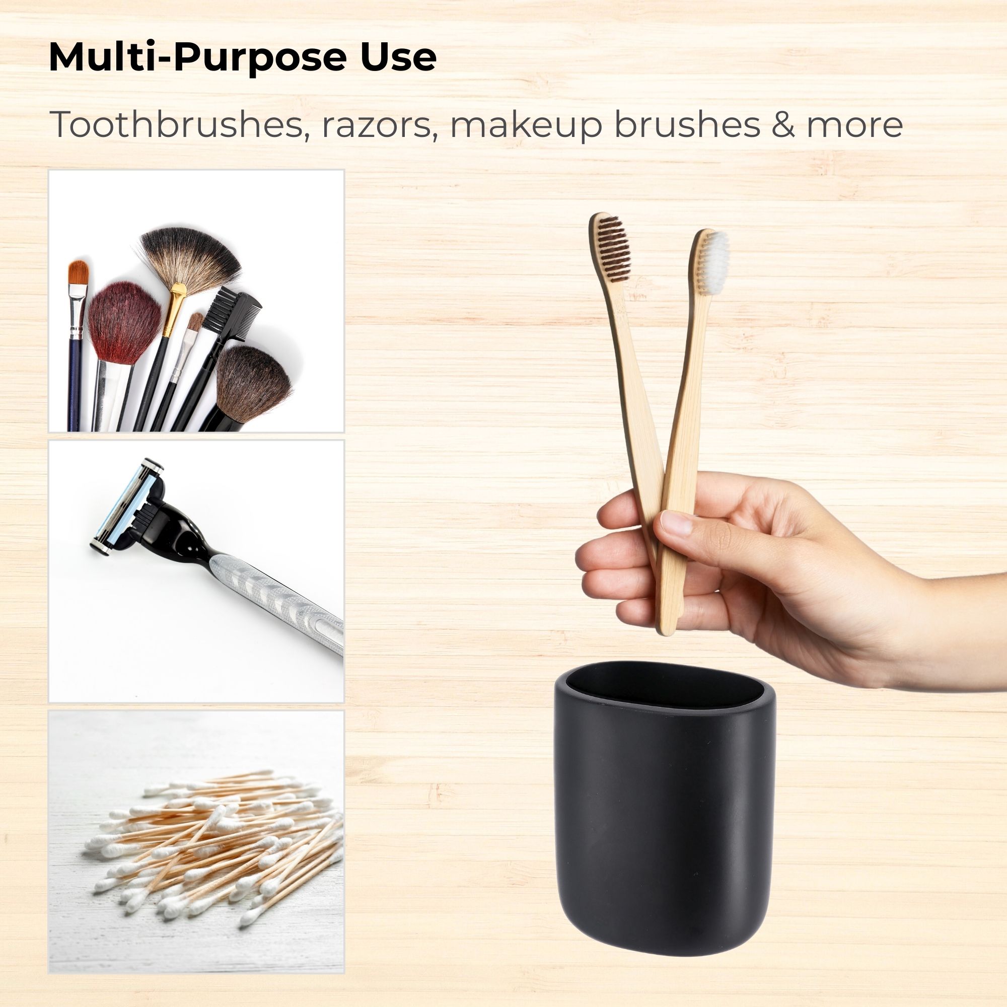 Black and beige bathroom tumblers side by side