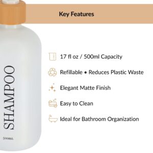 White 500ml refillable shampoo bottle key features layout