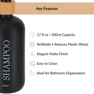 Black 500ml refillable shampoo bottle key features layout