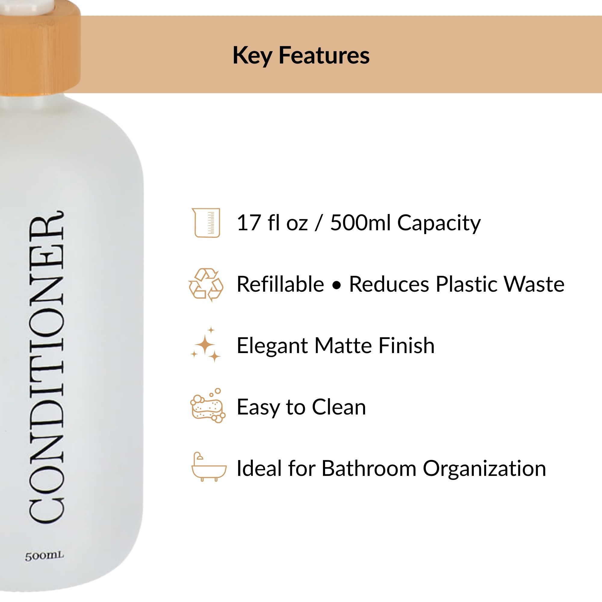 White 500ml refillable conditioner bottle key features layout