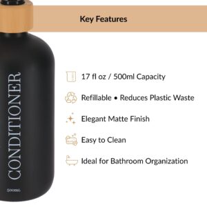 Black 500ml refillable conditioner bottle key features layout