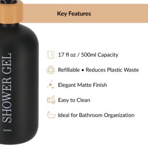 Black 500ml refillable shower gel bottle key features layout