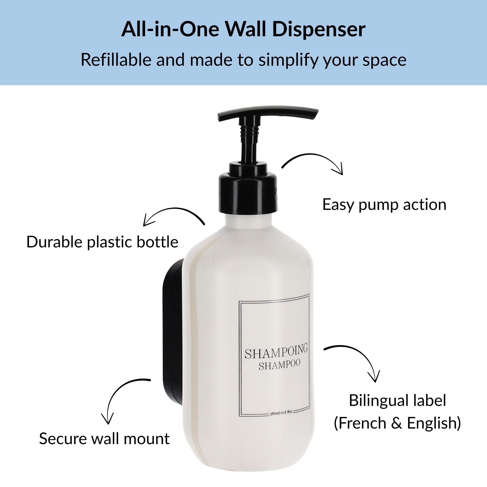 Diagram of refillable wall shampoo dispenser with pump and mount