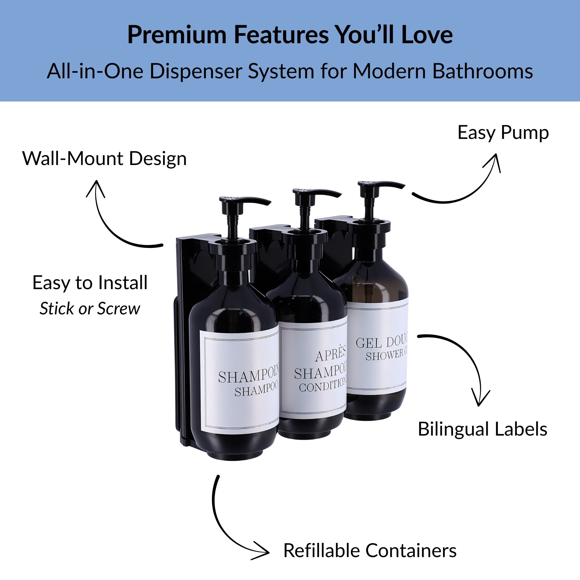Black dispenser trio showing pump action bilingual labels and wall mount