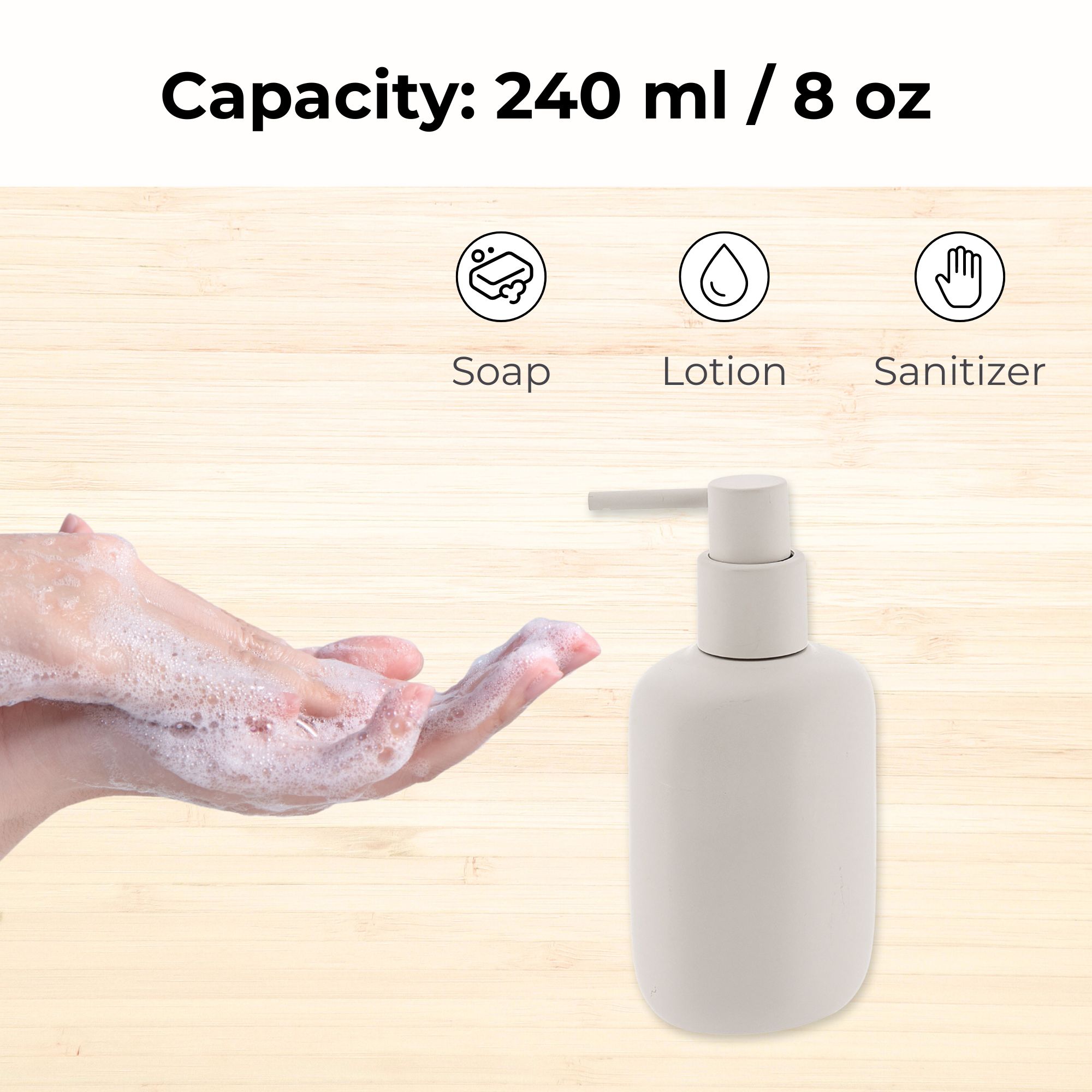 Beige soap dispenser for soap lotion sanitizer