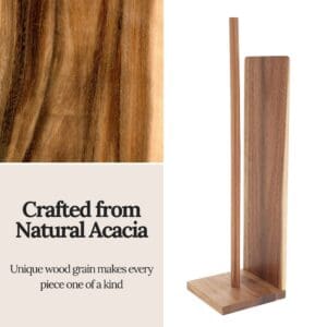 Close-up of natural acacia wood grain toilet paper holder