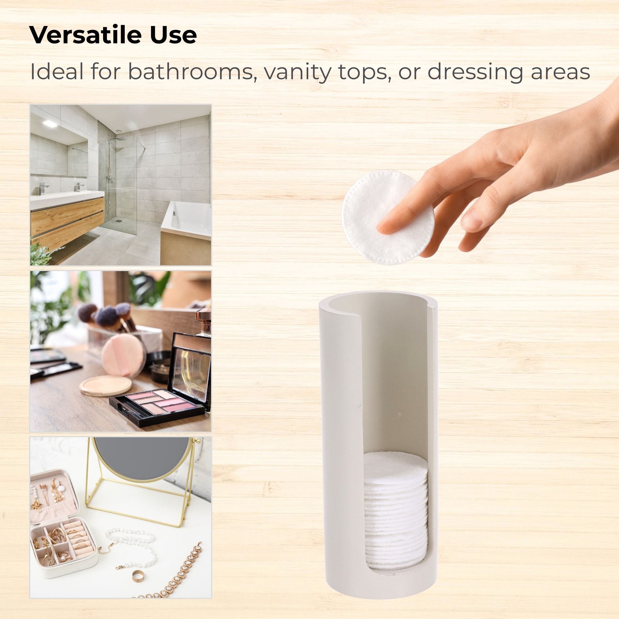 Beige cotton pad holder shown for bathroom vanity dressing area