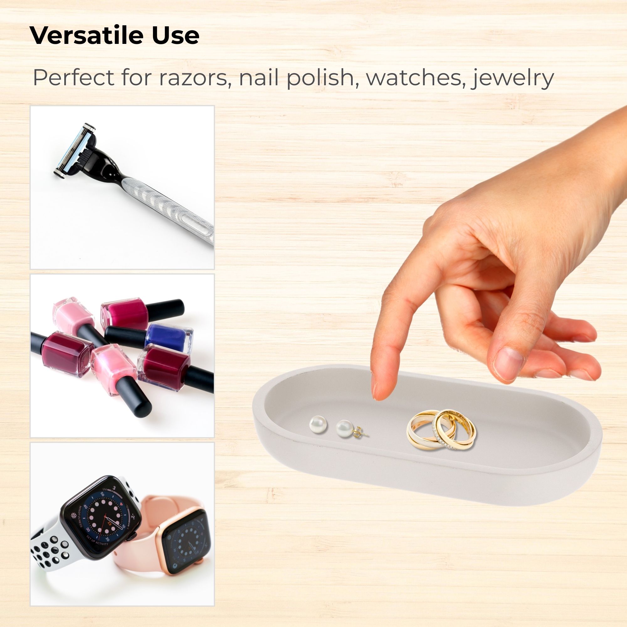 Beige oval tray used for jewelry watches razors nail polish