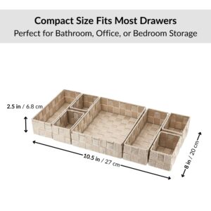 Beige drawer organizer set with 10.5 x 8 x 2.5 inch dimensions