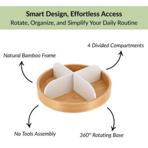 Bamboo rotating organizer with white dividers showing 360 base and four compartments
