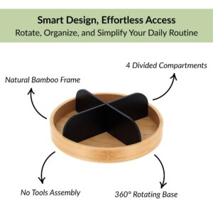 Bamboo rotating organizer with black dividers highlighting 360 base and four compartments