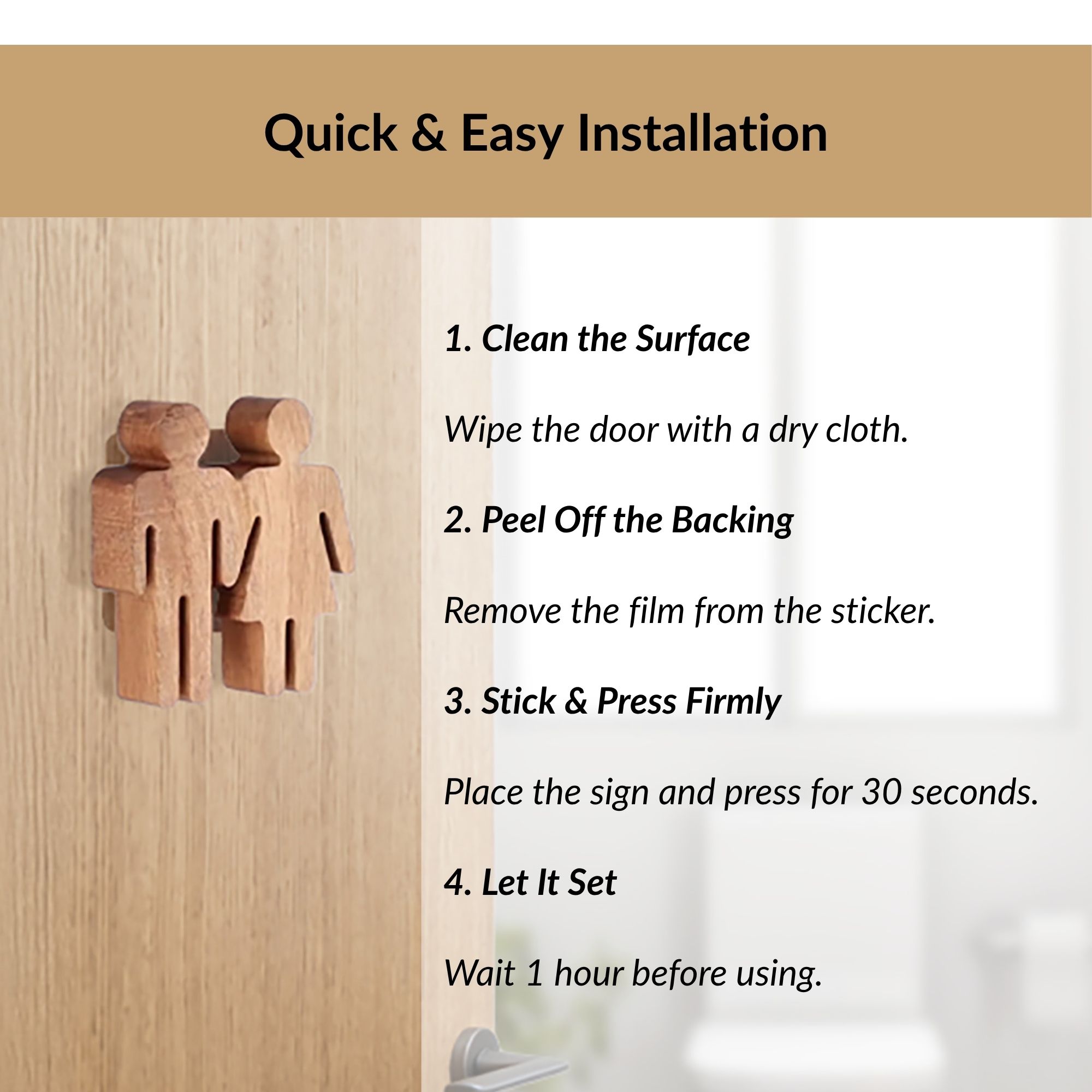 Step by step installation guide for wooden restroom door sign