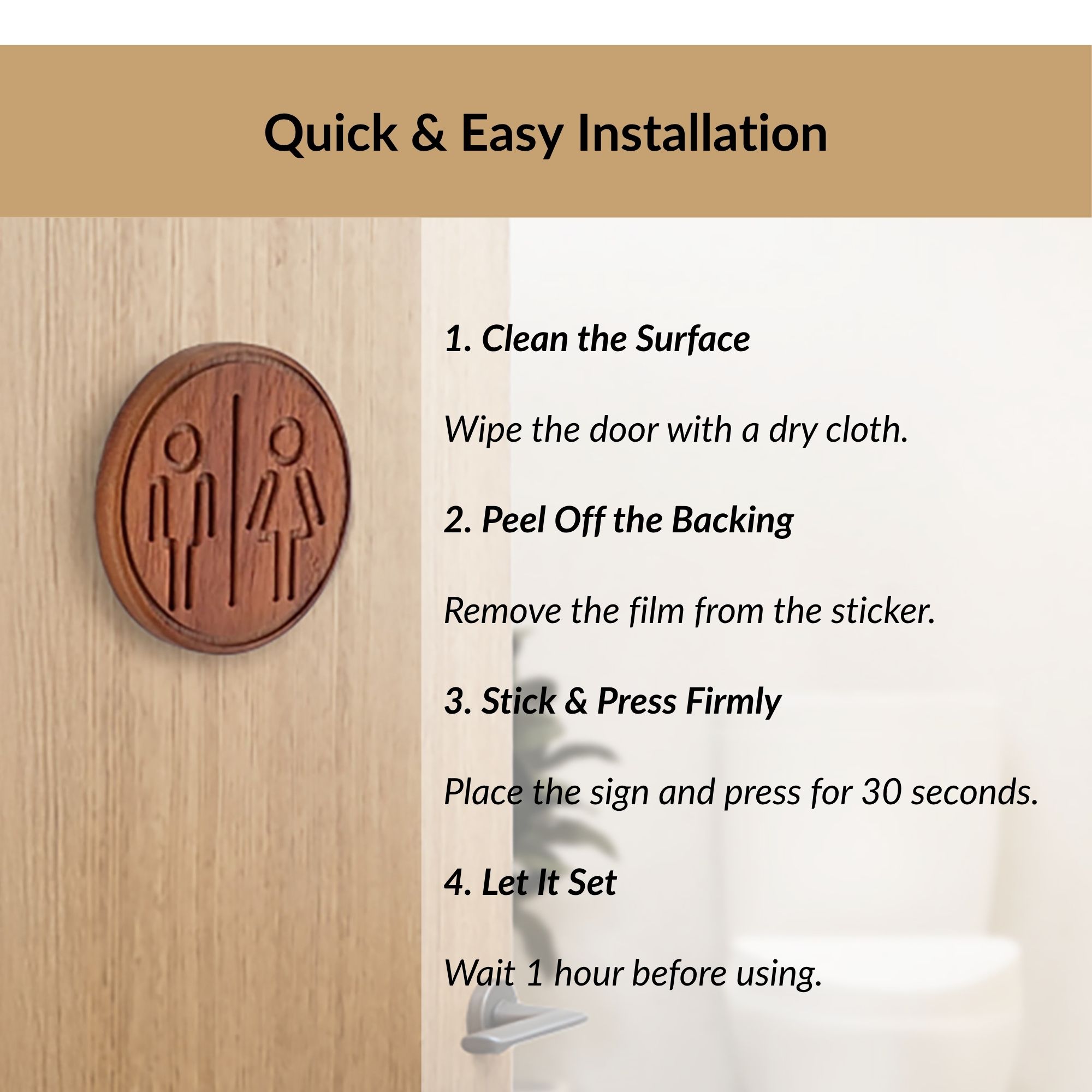 Step by step installation guide for acacia wood restroom door sign