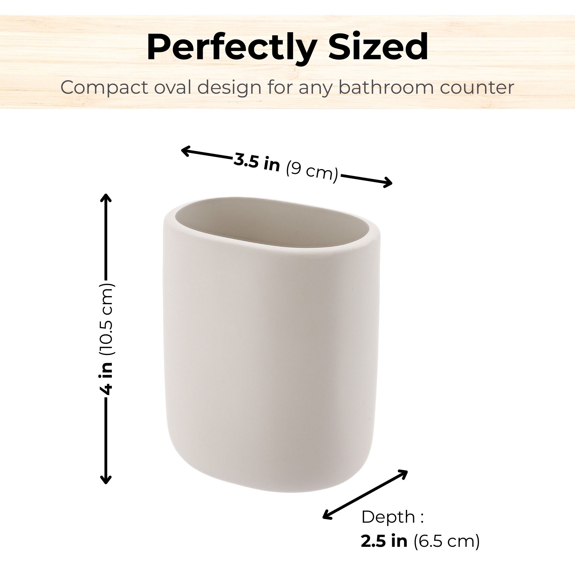 Beige oval bathroom tumbler with size dimensions
