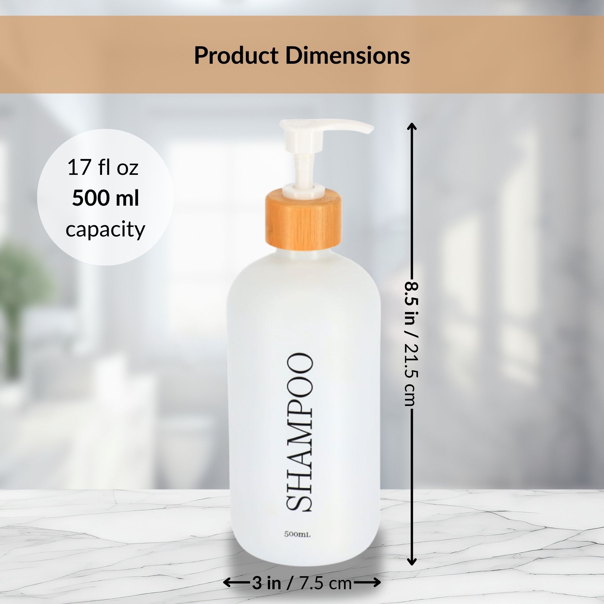 White shampoo bottle with product dimensions and capacity