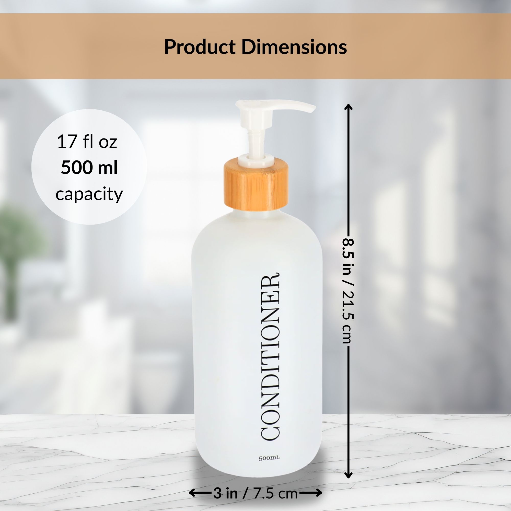 White conditioner bottle with product dimensions and capacity
