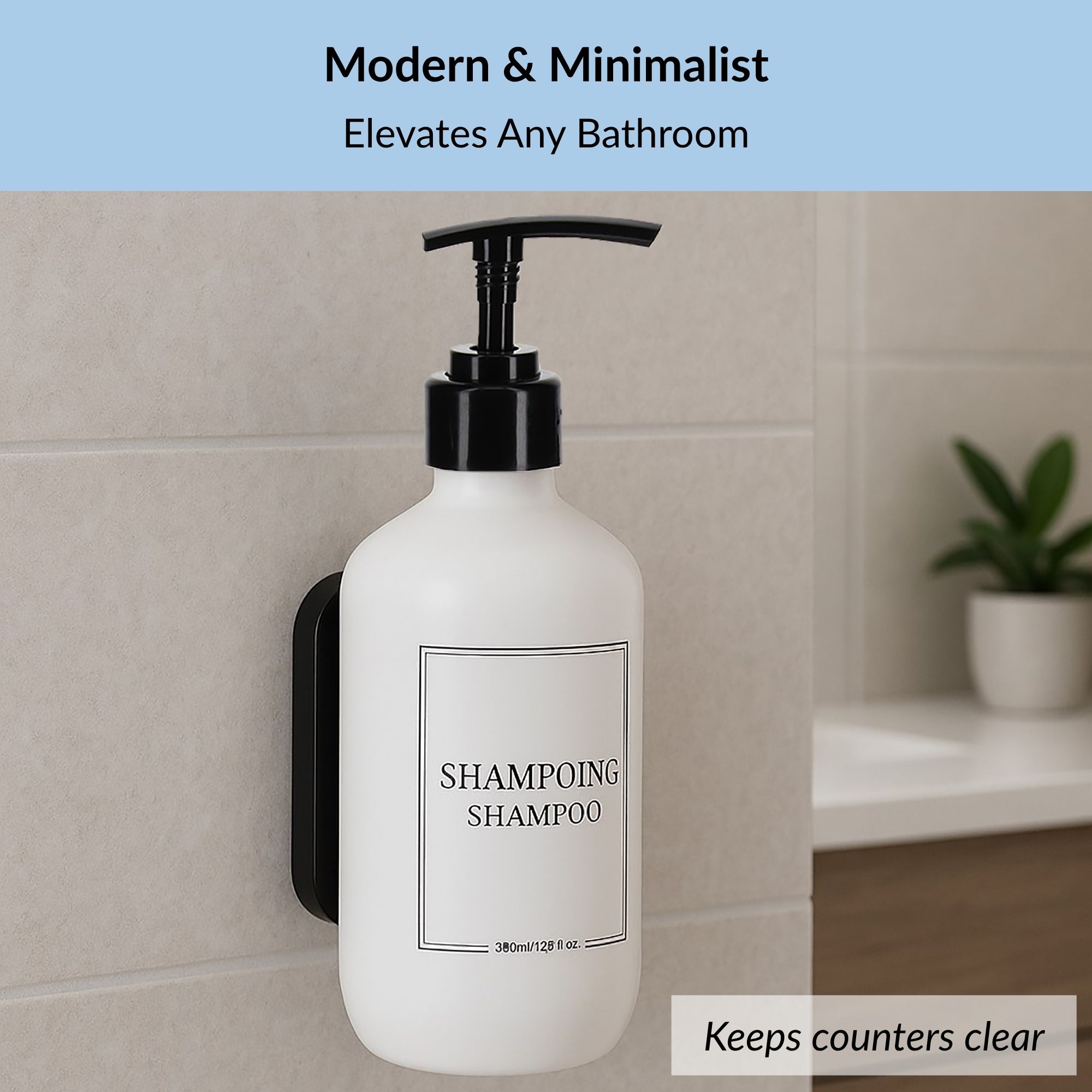 White wall-mounted shampoo dispenser in modern bathroom