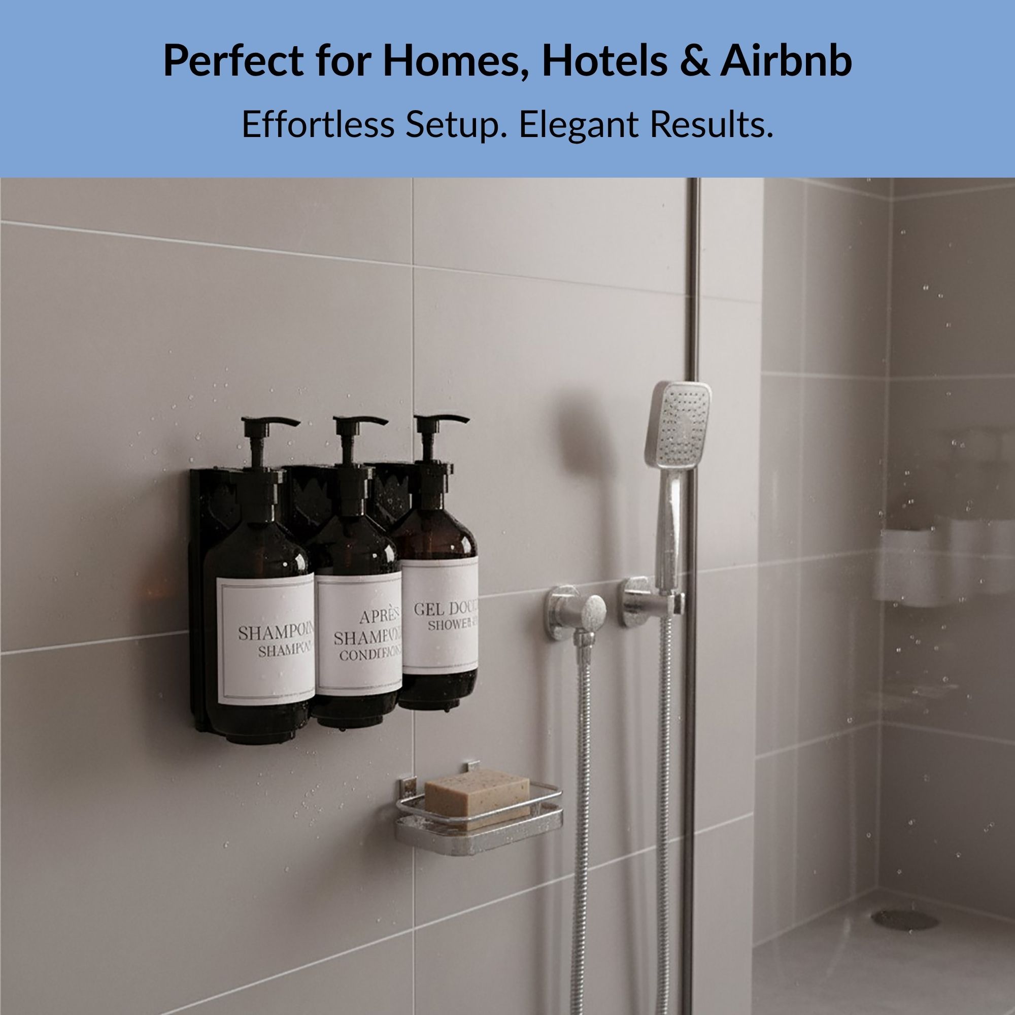 Black wall-mounted dispenser set in modern bathroom shower area