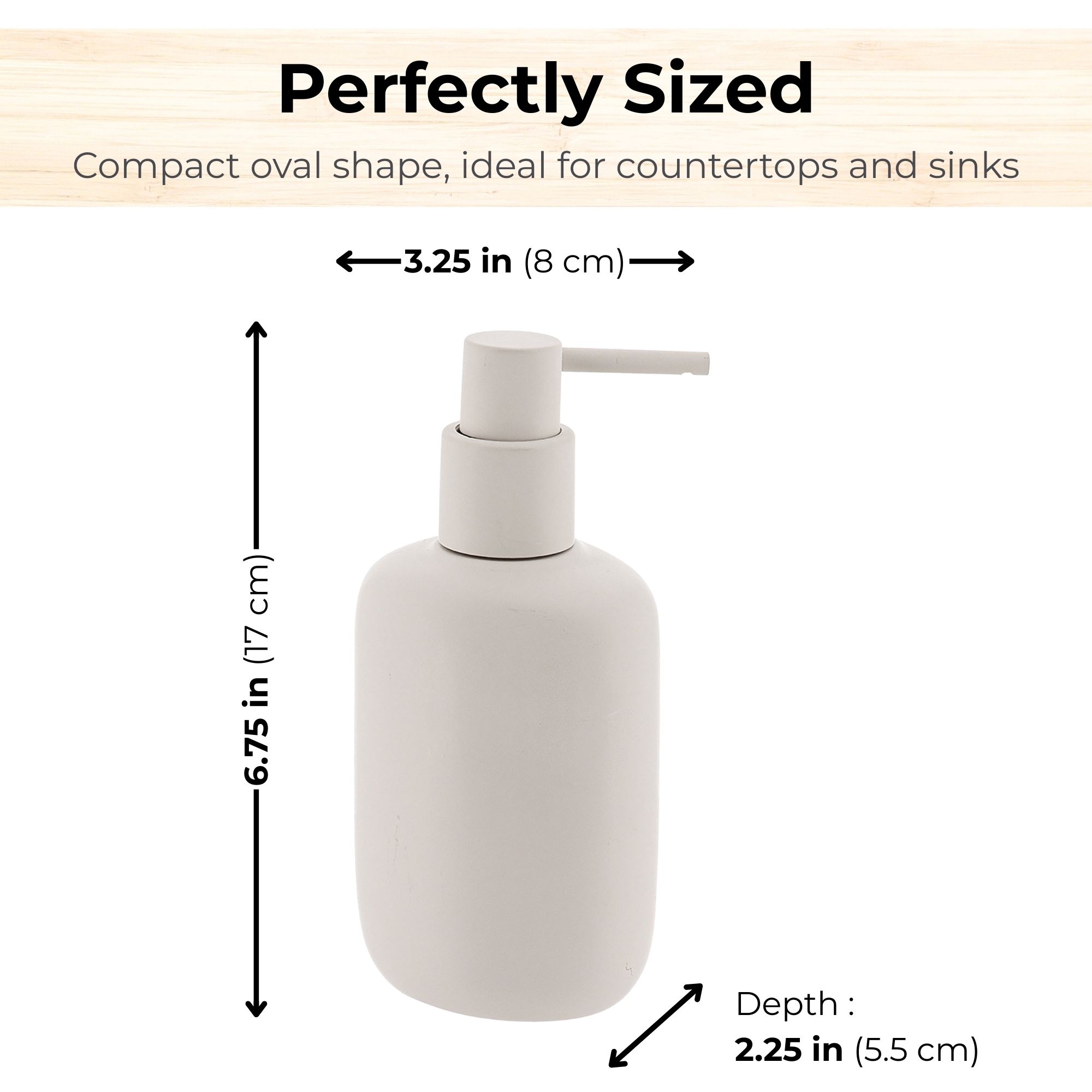 Beige oval soap dispenser with size dimensions