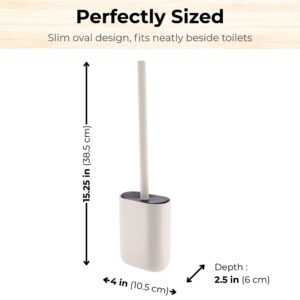 Beige slim oval toilet brush holder with size dimensions