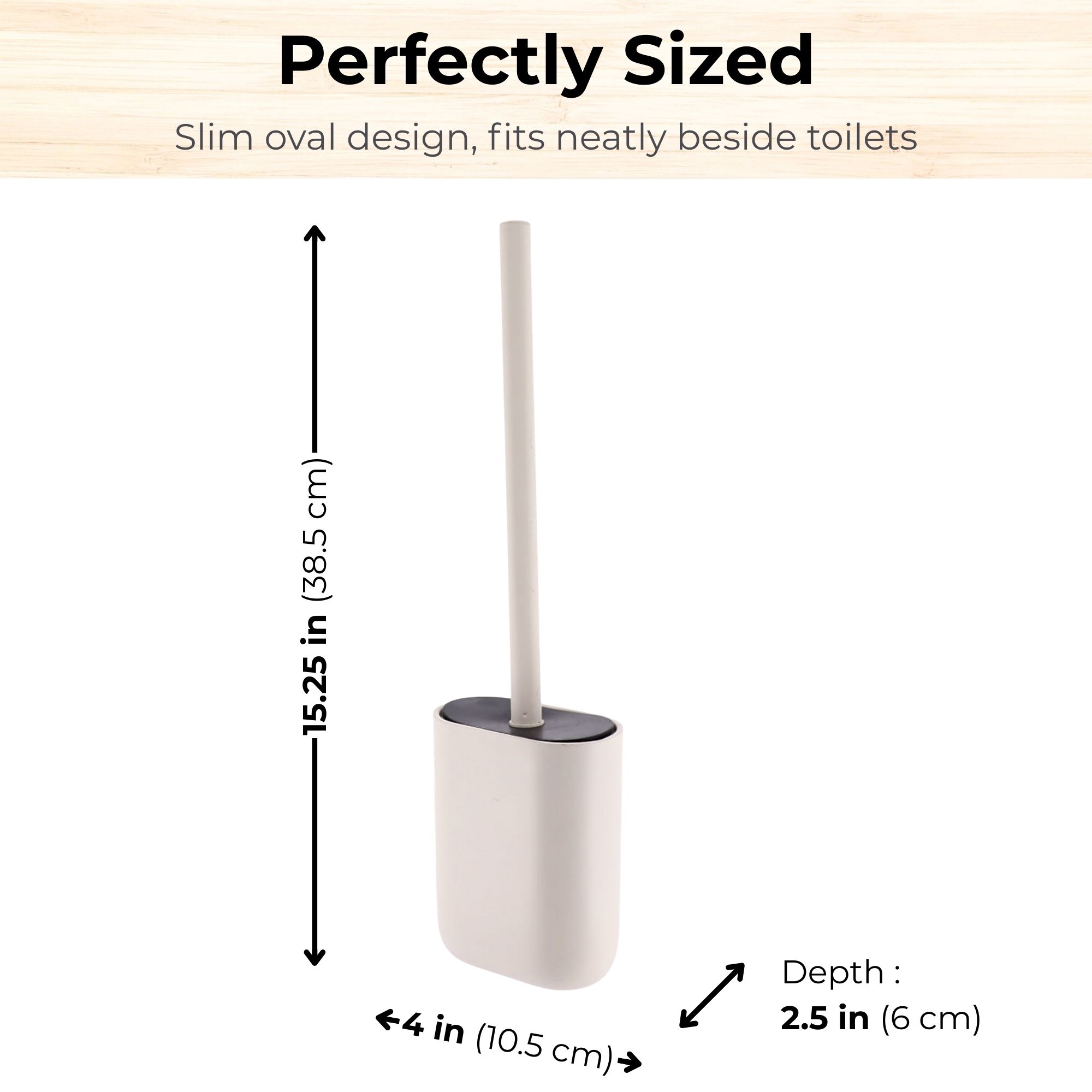 Beige slim oval toilet brush holder with size dimensions