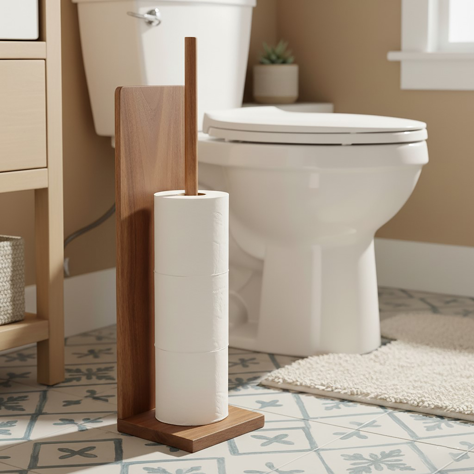 Freestanding acacia toilet paper holder in minimalist bathroom décor