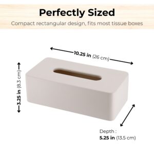 Beige rectangular tissue box holder with size dimensions