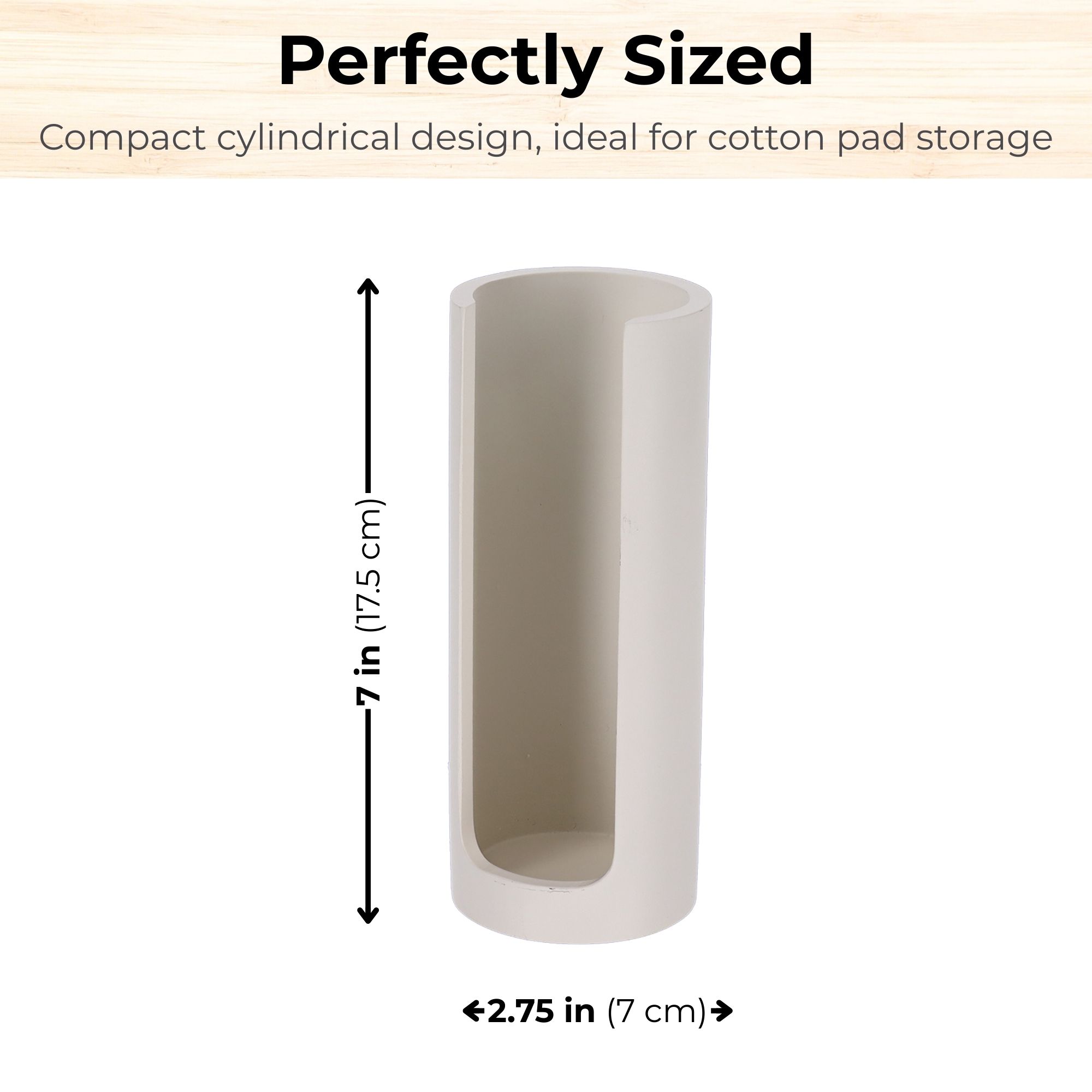 Beige cylindrical cotton pad holder with size dimensions