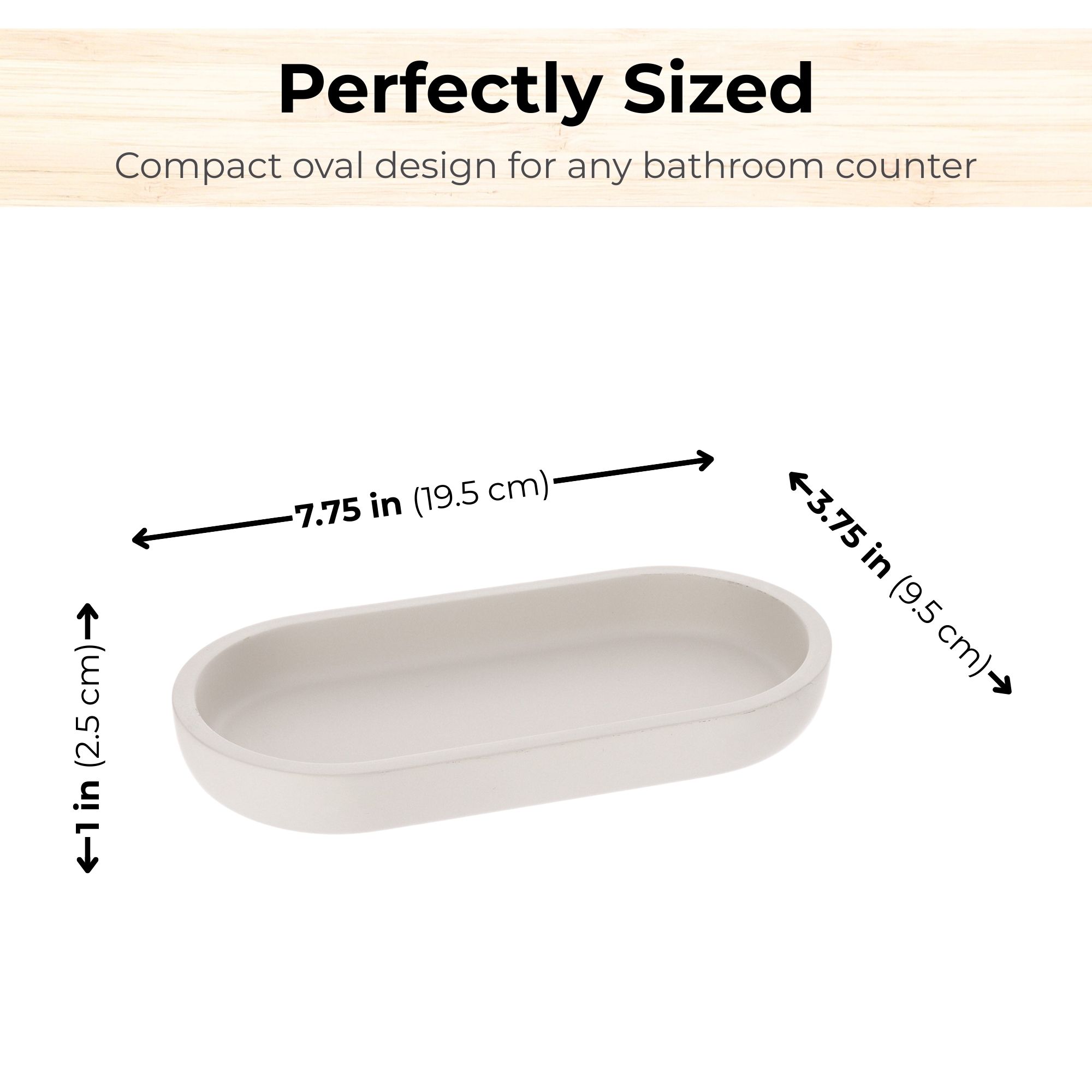 Beige oval bathroom tray with size dimensions