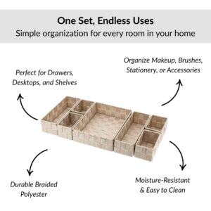 Beige braided storage bins for drawers desks and shelves