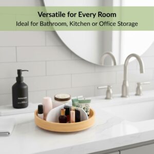 Bamboo rotating organizer holding toiletries on bathroom vanity setup