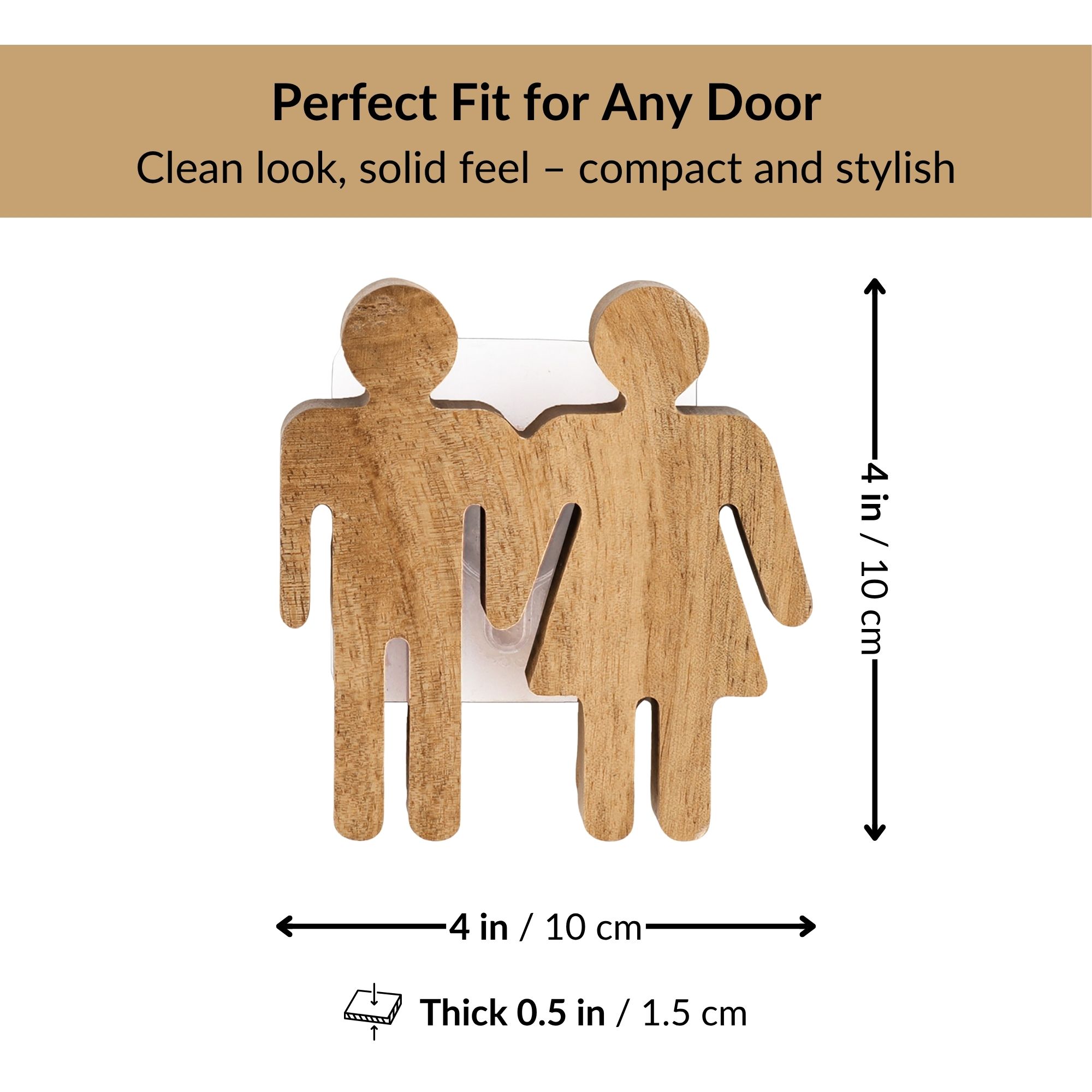 Natural wood restroom sign showing 4 x 4 inch size and 0.5 inch thickness