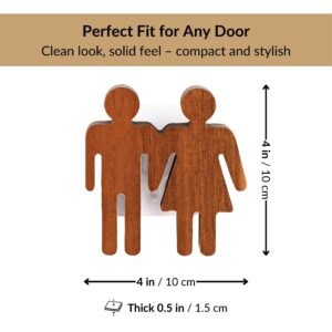 Natural wood restroom sign showing 4 x 4 inch size and 0.5 inch thickness
