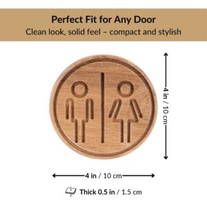 Natural round restroom sign showing 4 x 4 inch size and 0.5 inch thickness