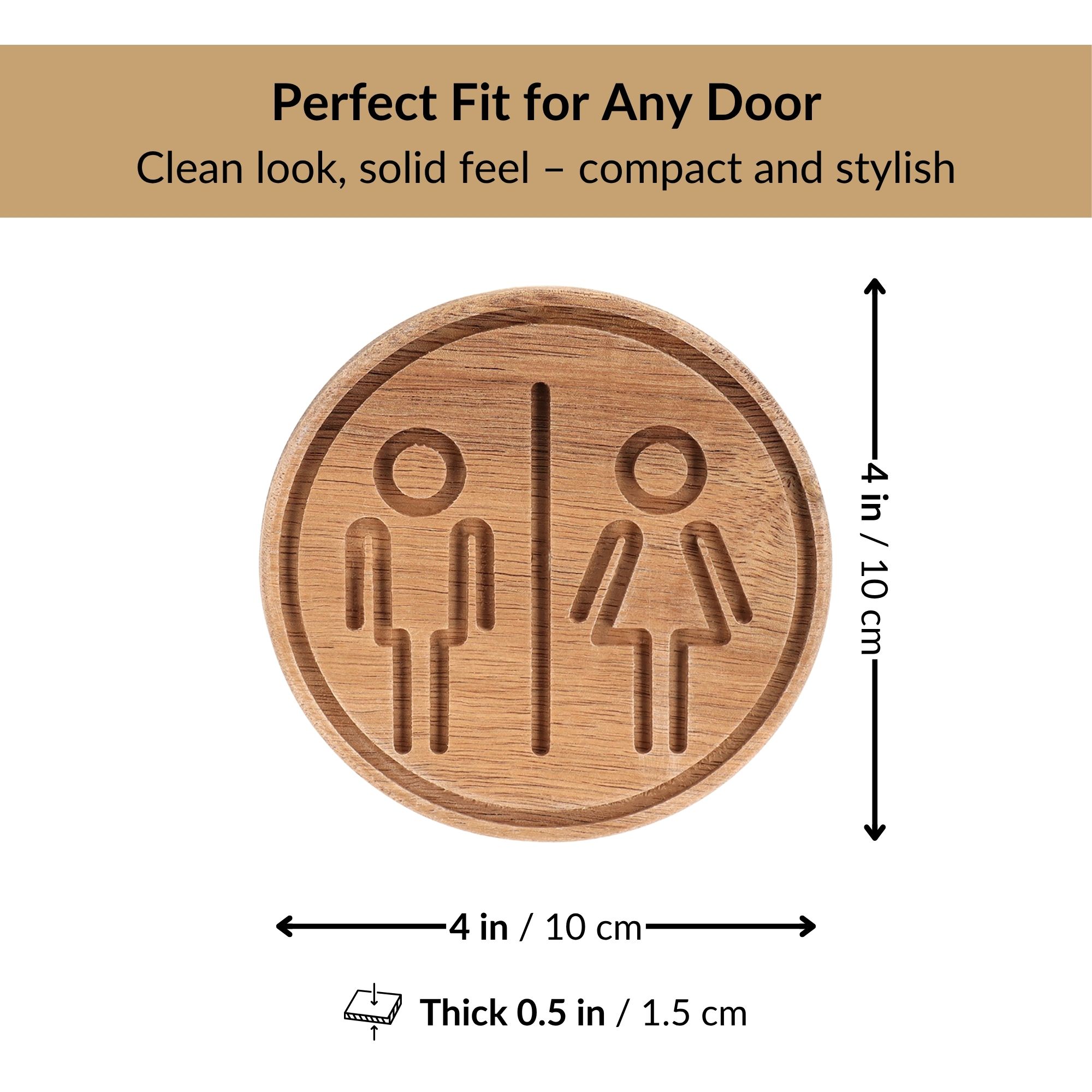 Natural round restroom sign showing 4 x 4 inch size and 0.5 inch thickness