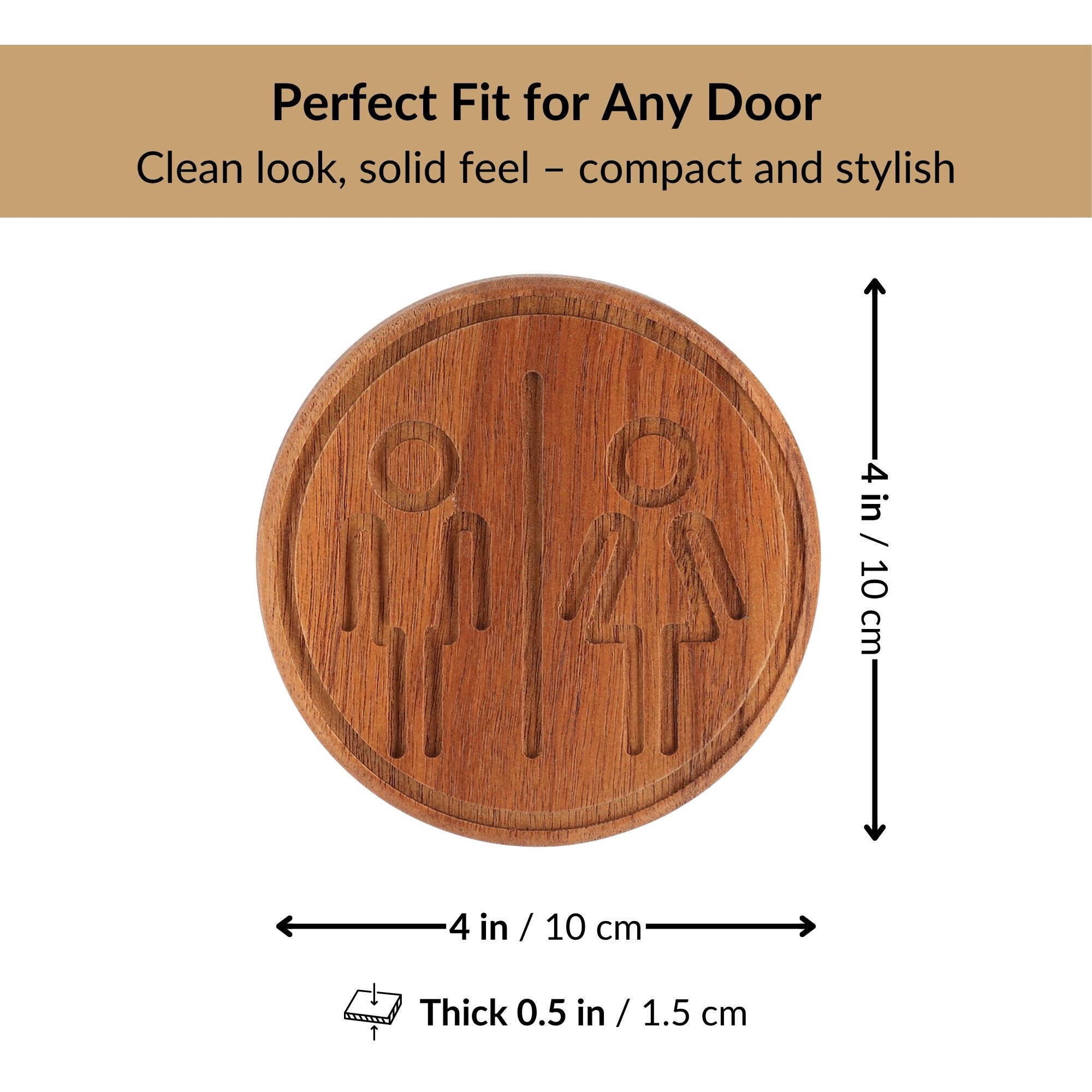 Acacia round restroom sign showing 4 x 4 inch size and 0.5 inch thickness
