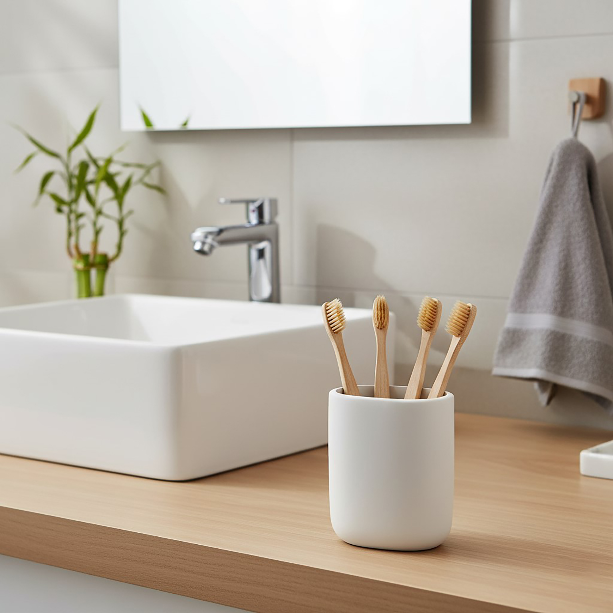 Beige tumbler holding bamboo toothbrushes on counter