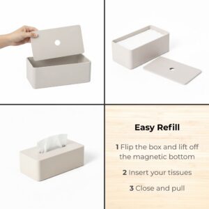 Beige tissue box holder on counter with soap dispenser and tumbler