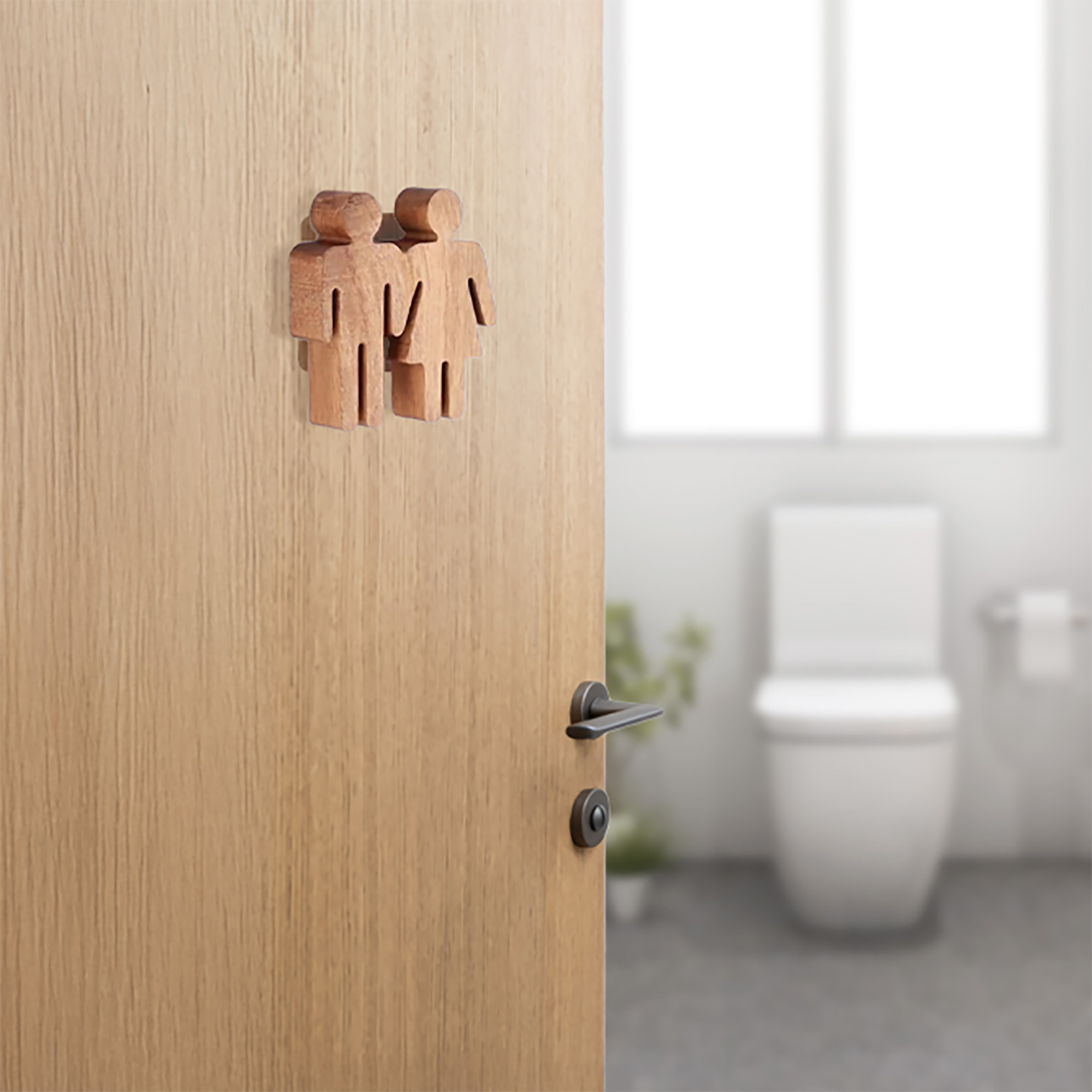 Natural wood unisex restroom sign mounted on wooden door in modern bathroom