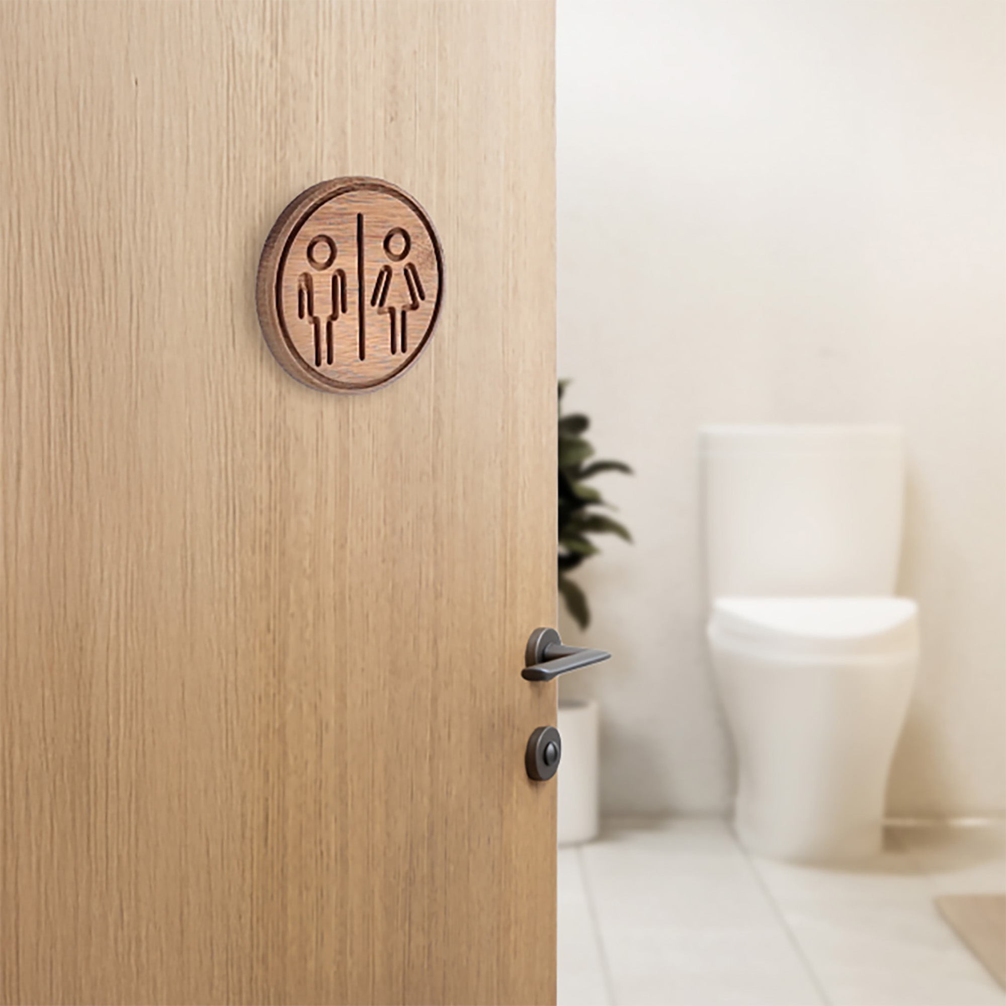 Natural wood round restroom sign mounted on wooden bathroom door