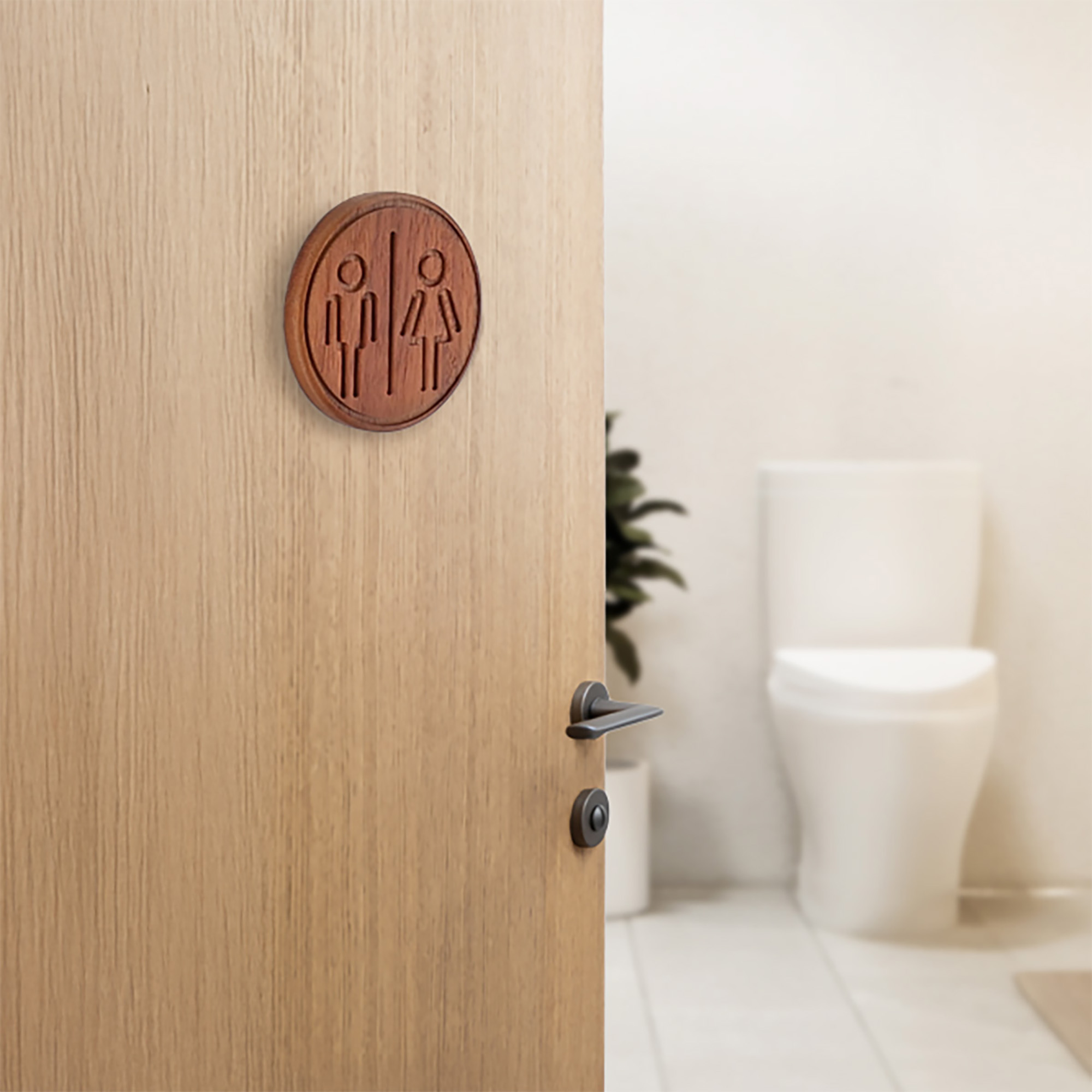 Brown acacia wood round restroom sign mounted on wooden bathroom door
