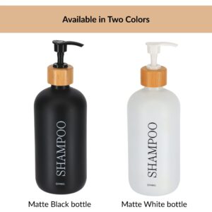 Matte black and matte white shampoo dispenser bottles side by side