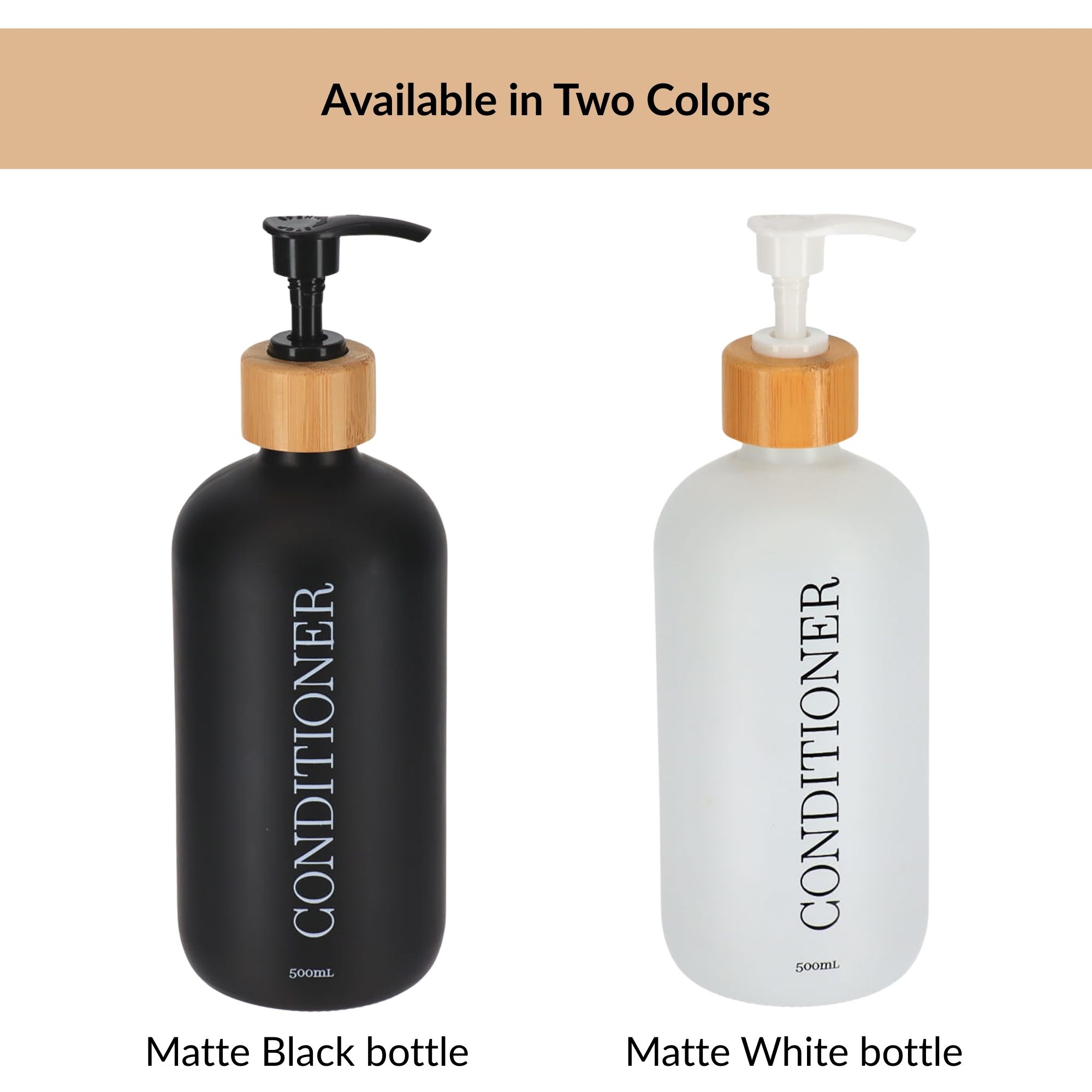 Matte black and matte white conditioner dispenser bottles side by side