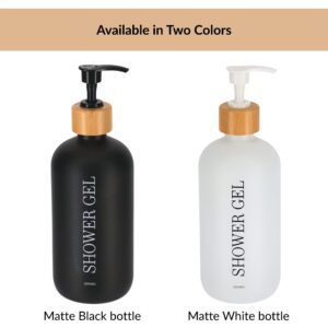 Matte black and matte white shower gel dispenser bottles side by side
