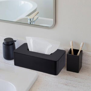 Black tissue box holder styled on bathroom countertop